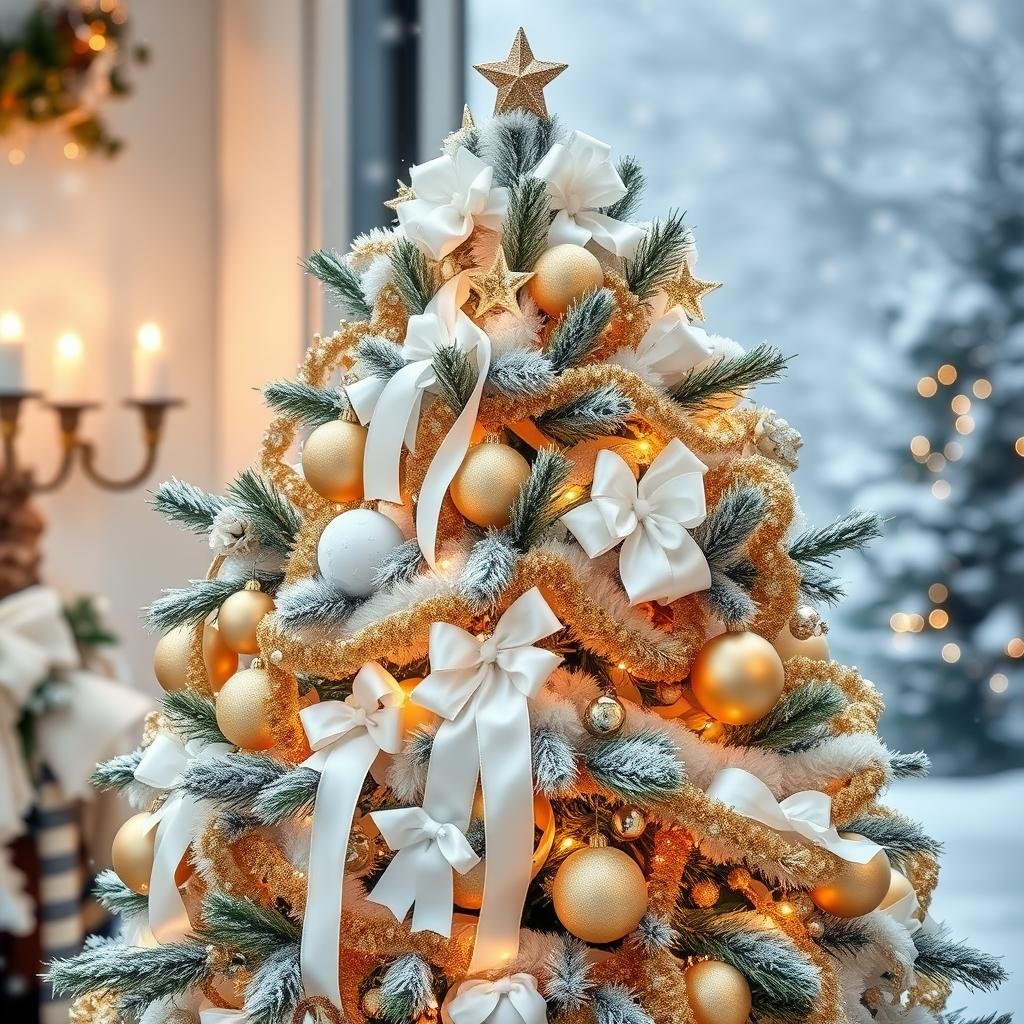 christmas tree decorations white and gold