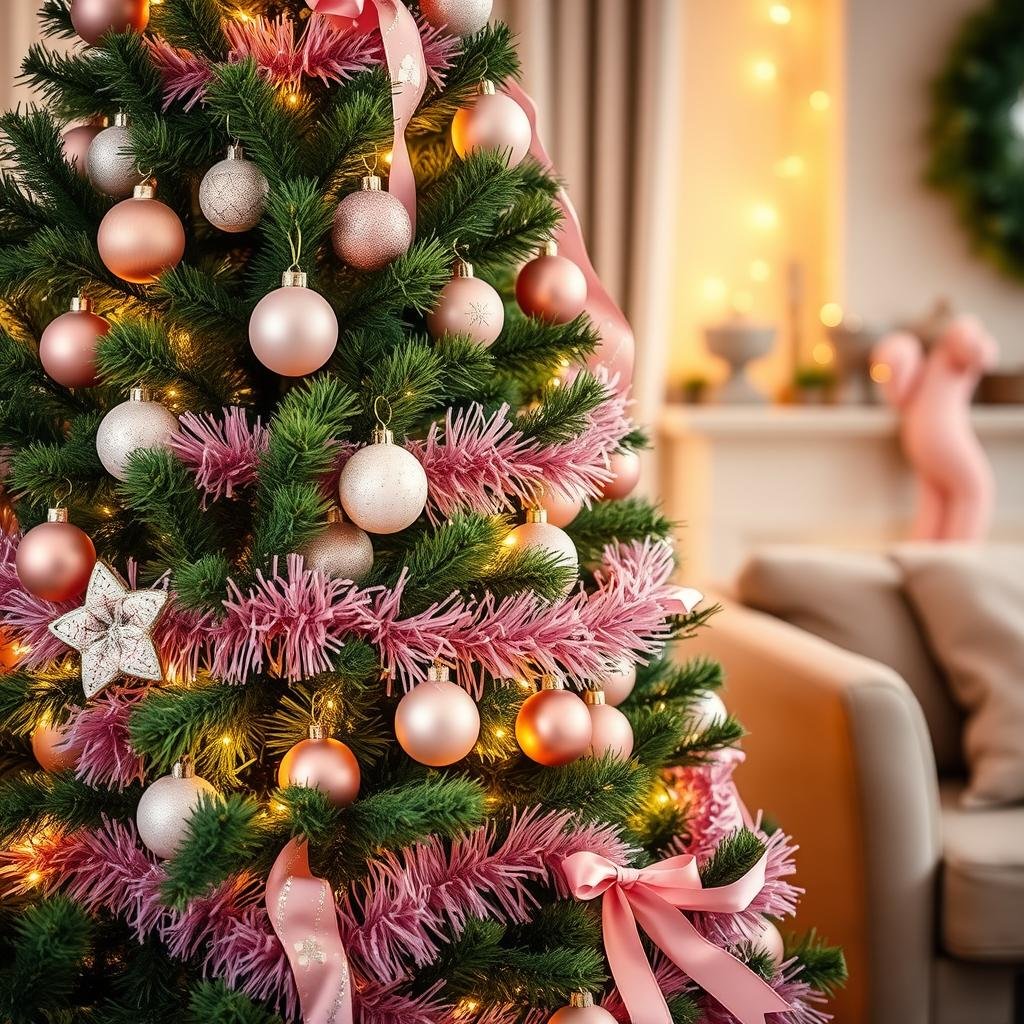 green christmas tree with pink decoration