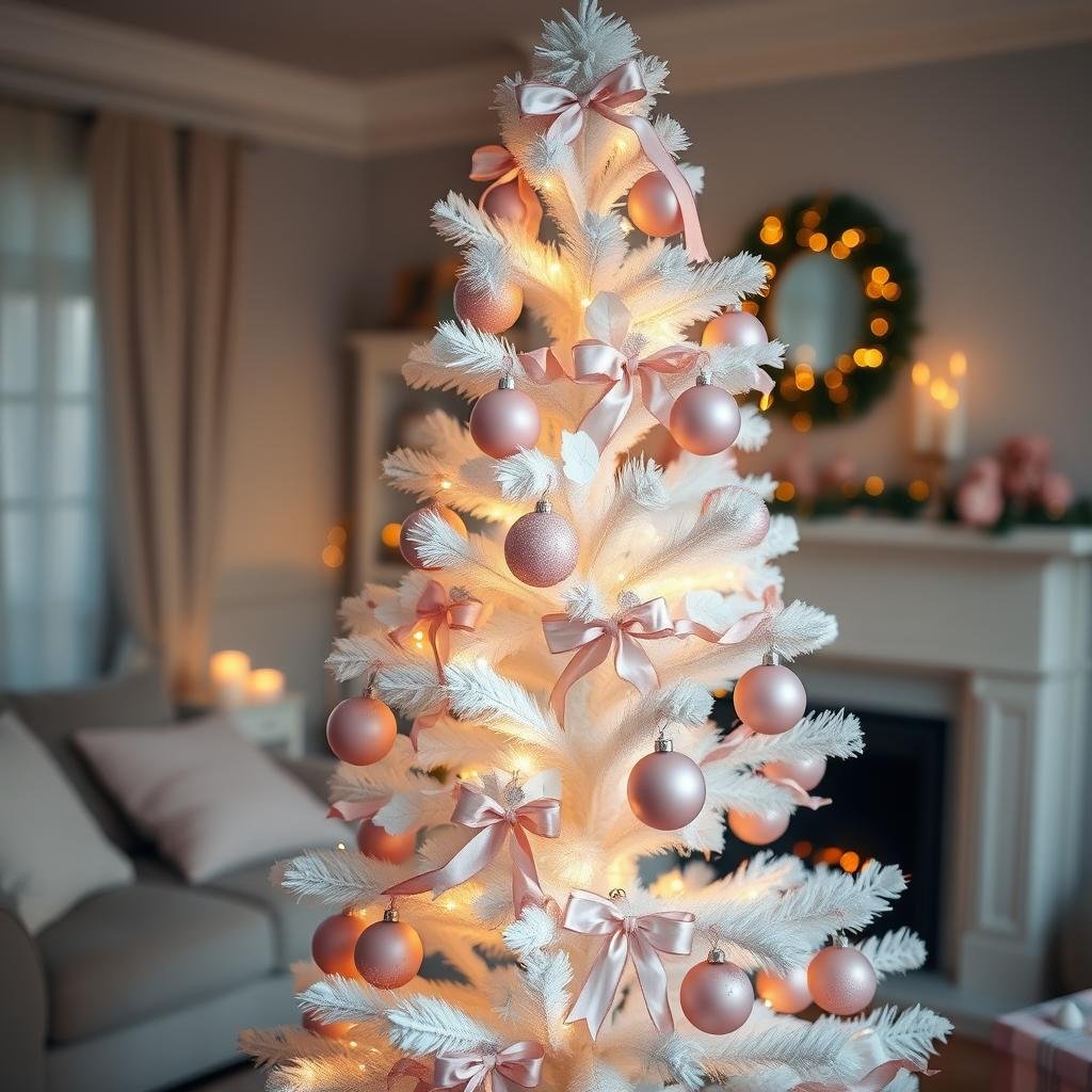 white christmas tree with pink decorations